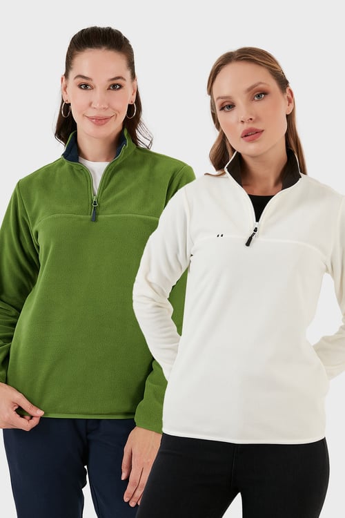 Slim Fit Yumuşak Dokulu Anti-Pilling Tüylenme Yapmayan 2'li Paket Kadın Polar 5907000S2 Fıstık Yeşil-Ekru