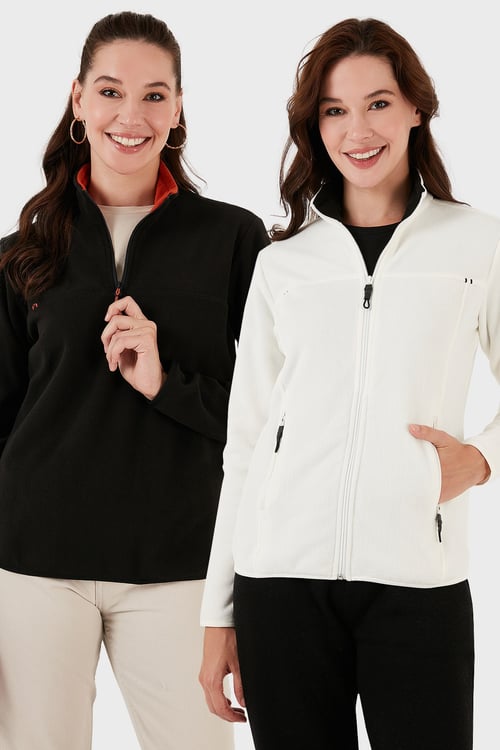 Slim Fit Yumuşak Dokulu Anti-Pilling Tüylenme Yapmayan 2'li Paket Kadın Polar 590700200S2 SİYAH-EKRU