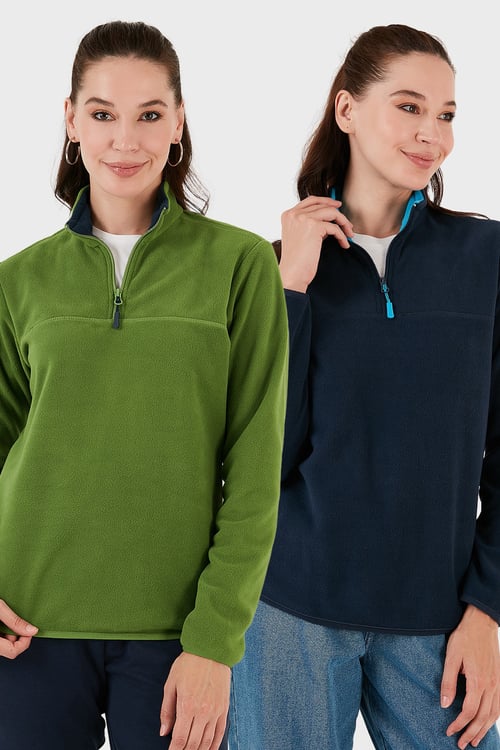 Slim Fit Yumuşak Dokulu Anti-Pilling Tüylenme Yapmayan 2'li Paket Kadın Polar 5907000S2 Fıstık Yeşil-Lacivert
