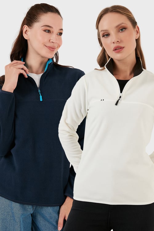 Slim Fit Yumuşak Dokulu Anti-Pilling Tüylenme Yapmayan 2'li Paket Kadın Polar 5907000S2 EKRU-LACİVERT