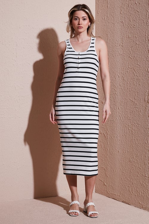 Slim Fit Yuvalak Yaka Düğmeli Midi Boy Kadın Elbise 25Y0375K1 EKRU