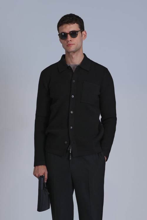 Solid Pamuklu Regular Fit Gömlek Yaka Tep Cepli Erkek Hırka 112100057 SİYAH