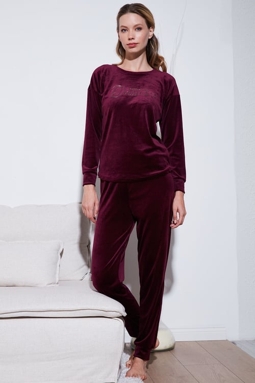 Standart Fit Bisiklet Yaka Yumuşak Kadife Kadın Pijama Takımı 6094202 MOR