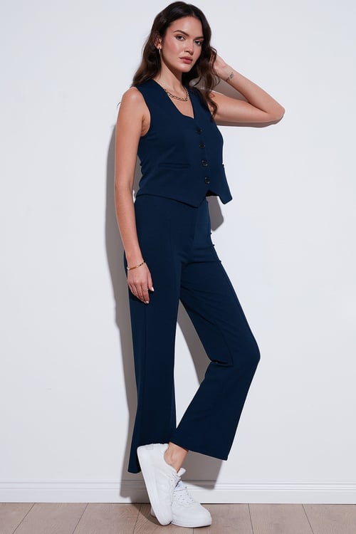 Standart Fit Çimalı Yüksek Bel Düz Paça Kadın Pantolon 5865972 LACİVERT