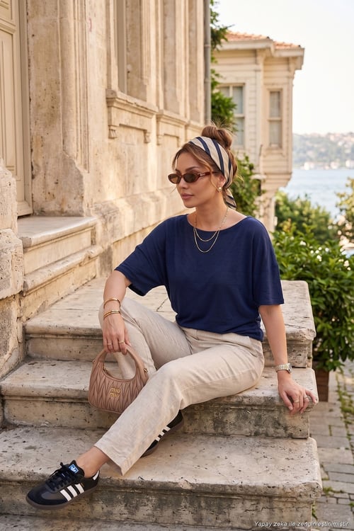 Standart Fit Drape Detaylı Yarasa Kol Kadın T Shirt 5866962 LACİVERT