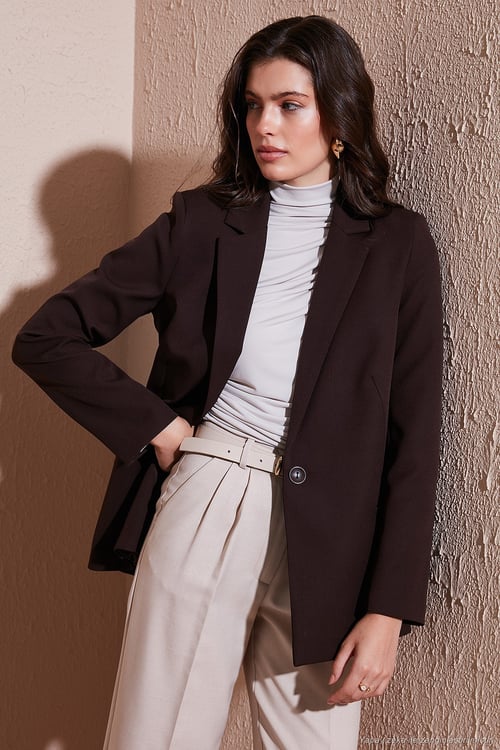 Standart Fit Mono Yaka Desenli Astar Detaylı Blazer Kadın Ceket 6524003 KAHVE