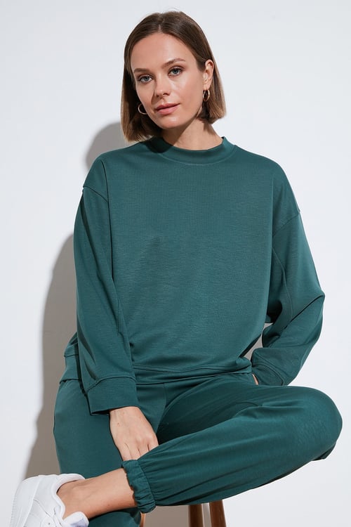 Streç Bisiklet Yaka Oversize Fit Scuba Kadın Sweat 5865879 NEFTİ