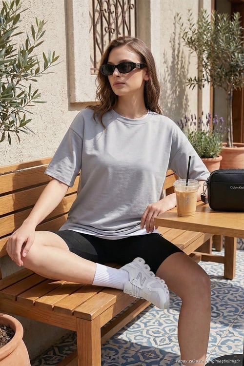 Streç Oversize Fit Bisiklet Yaka Kadın T Shirt 5865911 GRİ