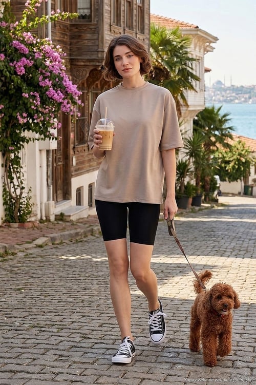 Streç Oversize Fit Bisiklet Yaka Kadın T Shirt 5865911 TAŞ