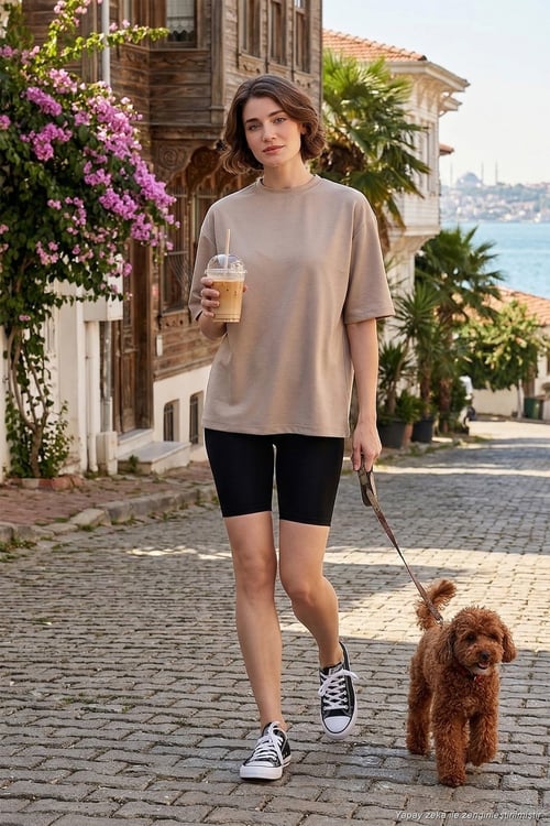 Streç Oversize Fit Bisiklet Yaka Kadın T Shirt 5865911 TAŞ