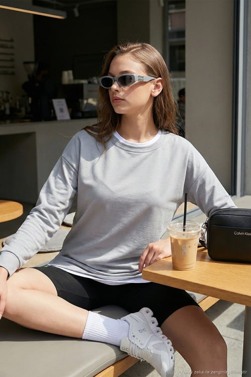 Streç Oversize Fit Bisiklet Yaka Modal Kumaş Kadın Sweat 5865877 GRİ