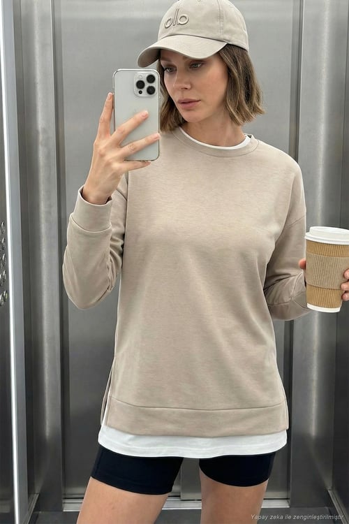Streç Oversize Fit Bisiklet Yaka Modal Kumaş Kadın Sweat 5865877 TAŞ