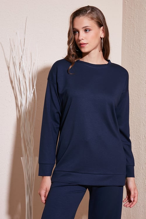 Streç Oversize Fit Bisiklet Yaka Modal Kumaş Kadın Sweat 5865877 LACİVERT