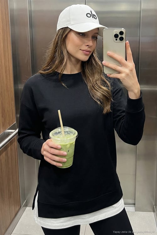 Streç Oversize Fit Bisiklet Yaka Modal Kumaş Kadın Sweat 5865877 SİYAH