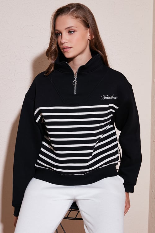 Streç Oversize Fit Yarım Fermuarlı Dik Yaka Kadın Sweat 5865883 SİYAH