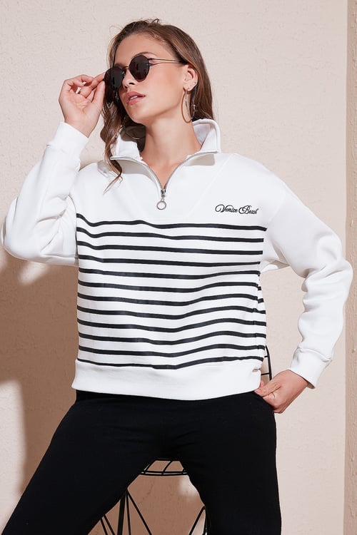 Streç Oversize Fit Yarım Fermuarlı Dik Yaka Kadın Sweat 5865883 EKRU