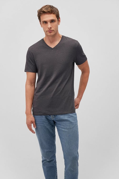 Streç Pamuklu Fitted Fit V Yaka Erkek T Shirt 061748-24398 KOYU GRİ