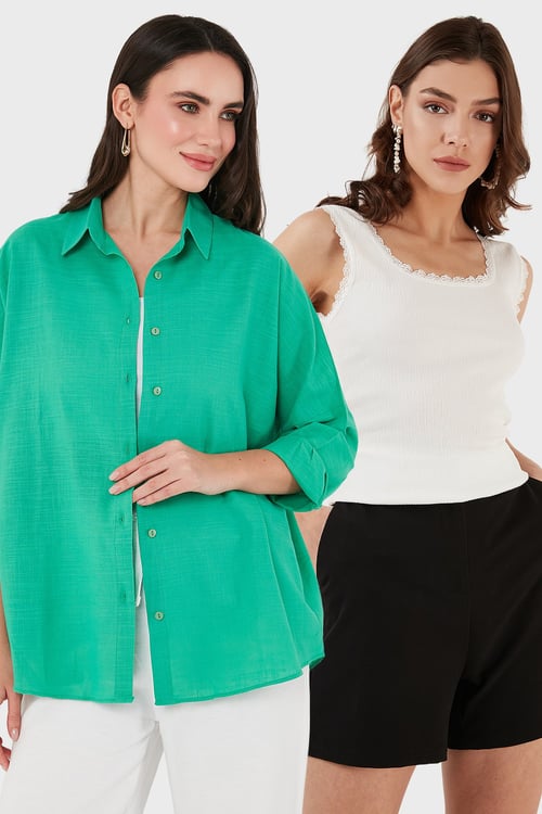 Streç Pamuklu Oversize Fit 2' li Paket Kadın Gömlek-Atlet Set 67810014979S2 YEŞİL-EKRU