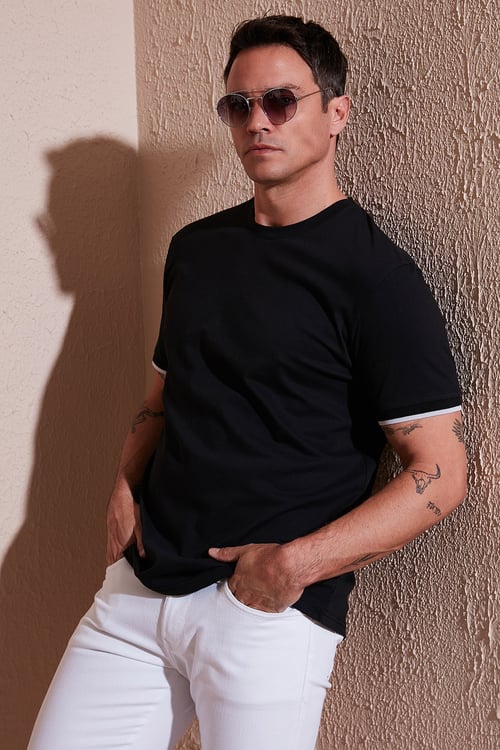 Streç Pamuklu Regular Fit Bisiklet Yaka Erkek T Shirt 5902981 SİYAH