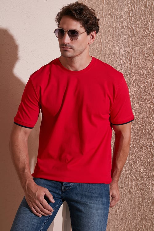 Streç Pamuklu Regular Fit Bisiklet Yaka Erkek T Shirt 5902981 KIRMIZI
