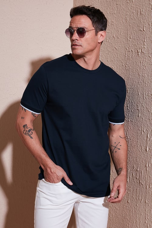 Streç Pamuklu Regular Fit Bisiklet Yaka Erkek T Shirt 5902981 İNDİGO