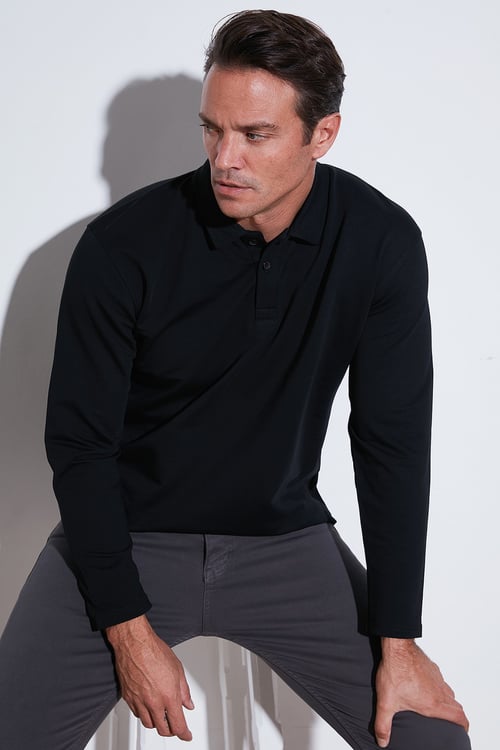 Streç Pamuklu Regular Fit Düğmeli Polo Yaka Erkek Sweat 5905727 SİYAH