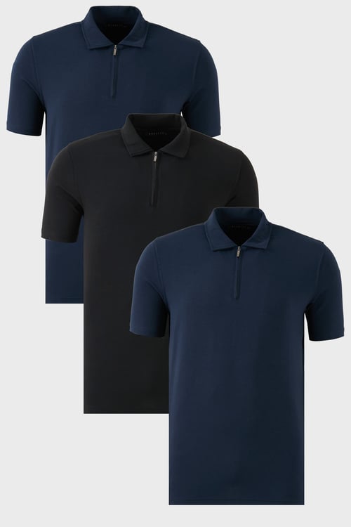 Streç Pamuklu Regular Fit Yarım Fermuarlı 3'lü Paket Erkek Polo Yaka T Shirt 5902972S3 İndigo-İndigo-Siyah