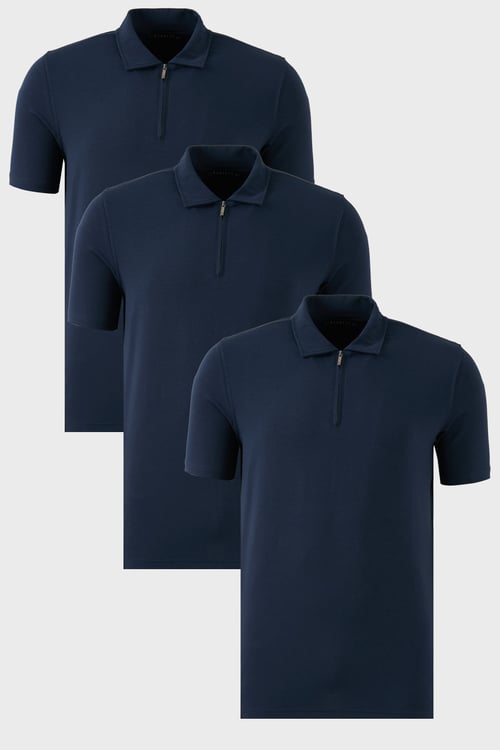 Streç Pamuklu Regular Fit Yarım Fermuarlı 3'lü Paket Erkek Polo Yaka T Shirt 5902972S3 İndigo-İndigo-İndigo
