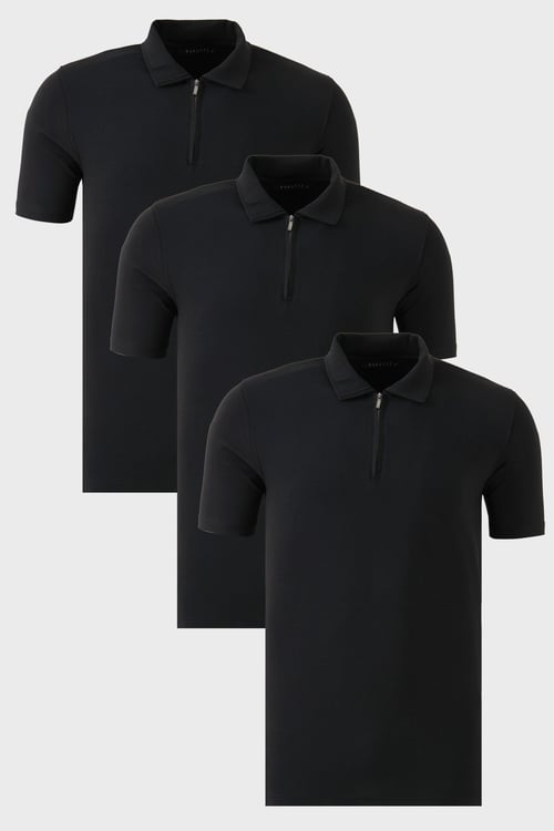 Streç Pamuklu Regular Fit Yarım Fermuarlı 3'lü Paket Erkek Polo Yaka T Shirt 5902972S3 Siyah-Siyah-Siyah