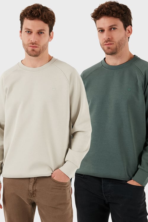 Streç Pamuklu Relaxed Fit Bisiklet Yaka 2'li Paket Erkek Sweat 5901210S2 HAKİ-TAŞ