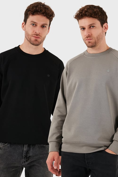 Streç Pamuklu Relaxed Fit Bisiklet Yaka 2'li Paket Erkek Sweat 5901210S2 Siyah-Açık Haki