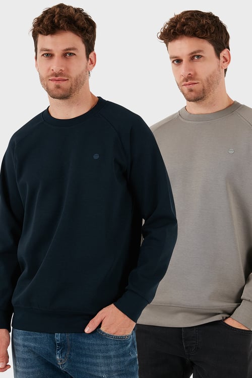 Streç Pamuklu Relaxed Fit Bisiklet Yaka 2'li Paket Erkek Sweat 5901210S2 Açık Haki-Lacivert