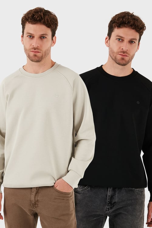 Streç Pamuklu Relaxed Fit Bisiklet Yaka 2'li Paket Erkek Sweat 5901210S2 SİYAH-TAŞ