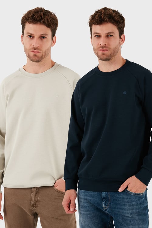 Streç Pamuklu Relaxed Fit Bisiklet Yaka 2'li Paket Erkek Sweat 5901210S2 LACİVERT-TAŞ