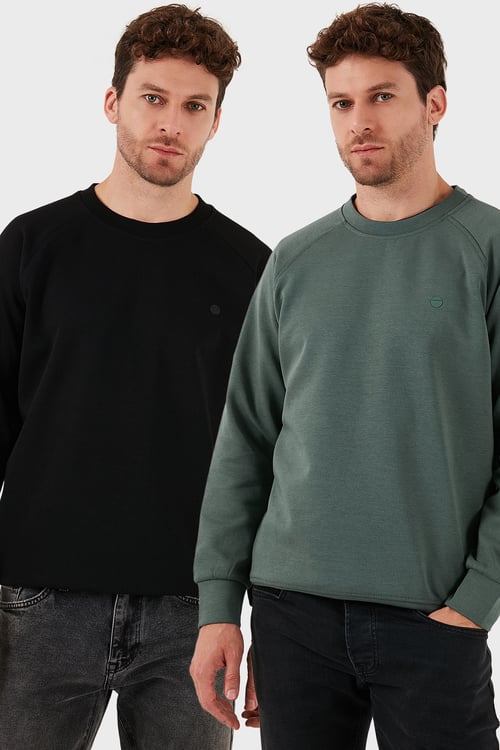 Streç Pamuklu Relaxed Fit Bisiklet Yaka 2'li Paket Erkek Sweat 5901210S2 HAKİ-SİYAH