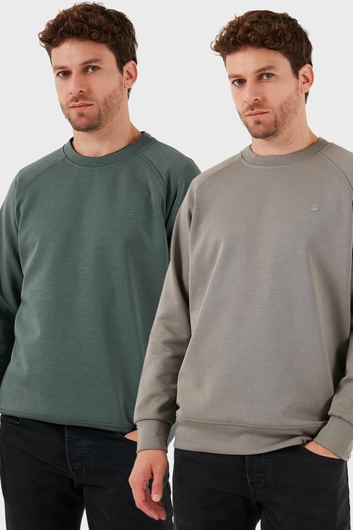 Streç Pamuklu Relaxed Fit Bisiklet Yaka 2'li Paket Erkek Sweat 5901210S2 Açık Haki-Haki