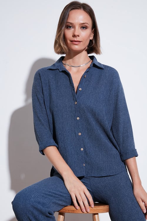 Streç Regular Fit Dokulu Kadın Gömlek 5865975 İNDİGO