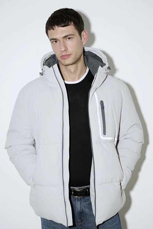 Su İtici Loose Fit Kapüşonlu Şişme Erkek Mont 0110463-70075 AÇIK GRİ