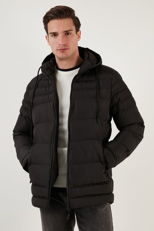 Su İtici Slim Fit Soğuğa ve Rüzgara Dayanıklı Kapüşonlu Şişme Erkek Mont 649005 SİYAH
