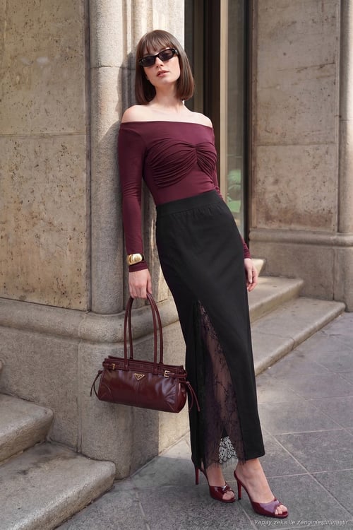 Triko Dantelli Yırtmaç Detaylı Maxi Boy Kadın Etek 680ET00117 SİYAH