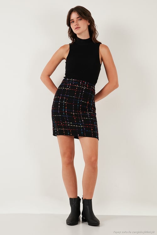 Tüvit Desenli Slim Fit Yüksek Bel Mini Boy Kadın Etek 5866436 SİYAH