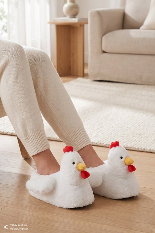 Tw Chiken Hayvan Figürlü Kaymaz Tabanlı Kadın Panduf JJ0558 BEYAZ