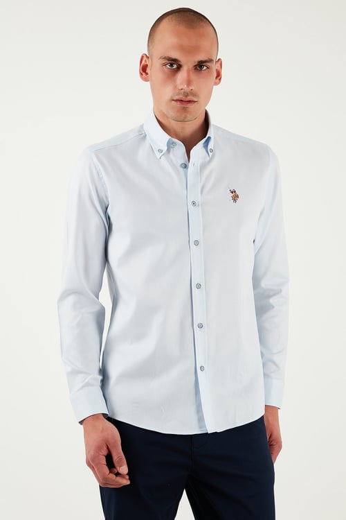 U.S. Polo % 100 Pamuk Slim Fit Düğmeli Yaka Logolu Erkek Gömlek G081SZ0042082904 AÇIK MAVİ