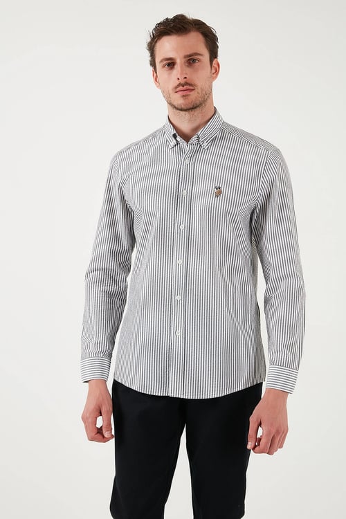 U.S. Polo Çizgili Pamuklu Slim Fit Düğmeli Yaka Erkek Gömlek G081SZ0042103065 KOYU HAKİ