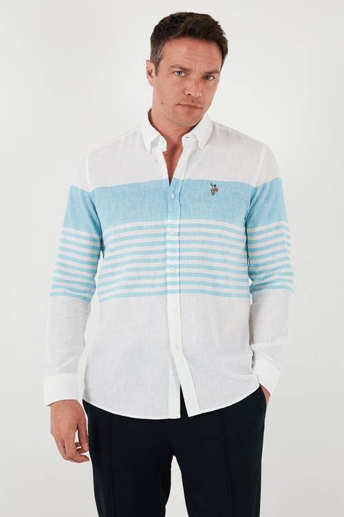 U.S. Polo Çizgili Pamuk ve Keten Karışımlı Regular Fit Erkek Gömlek G081SZ0042105934 AÇIK MAVİ