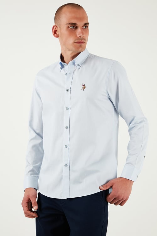 U.S. Polo % 100 Pamuk Slim Fit Düğmeli Yaka Logolu Erkek Gömlek G081SZ0042083079 AÇIK MAVİ