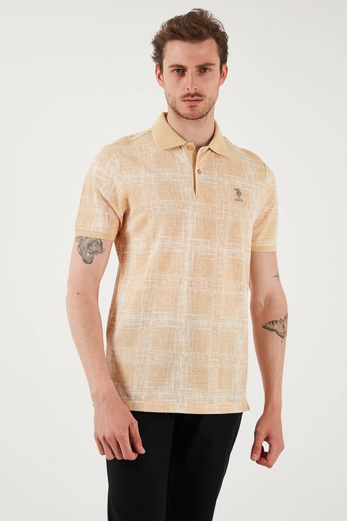 U.S. Polo Kareli % 100 Pamuk Regular Fit Düğmeli Erkek Polo Yaka T Shirt G081SZ0112103243 BEJ