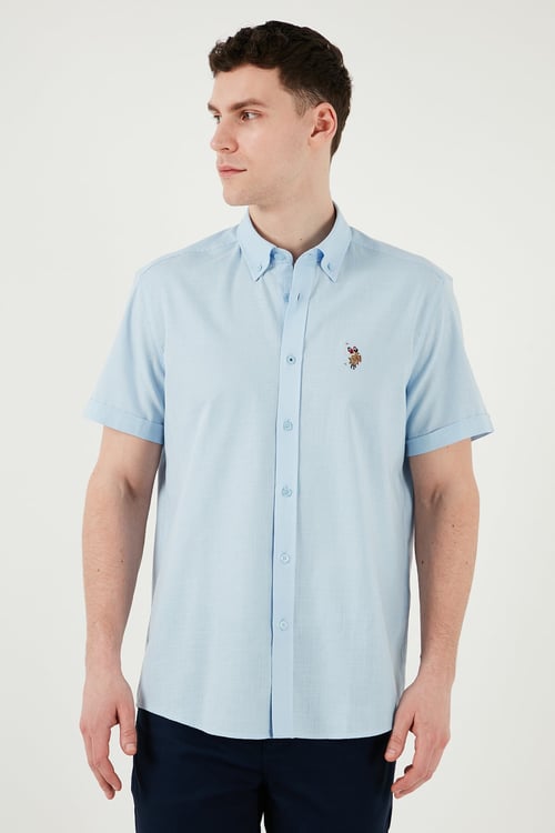 U.S. Polo % 100 Pamuk Regular Fit Düğmeli Yaka Logolu Erkek Gömlek G081GL0042083854 AÇIK MAVİ