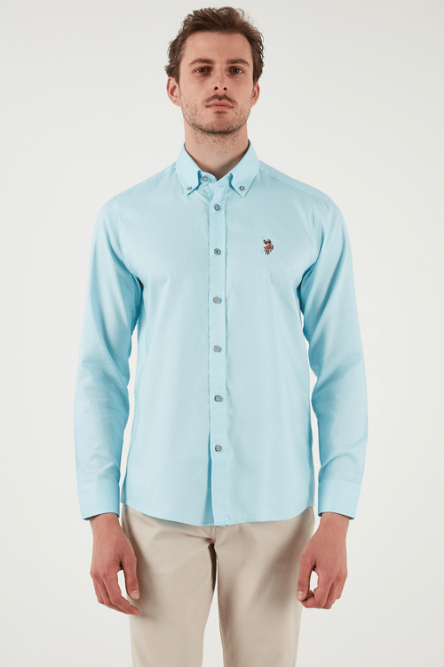U.S. Polo % 100 Pamuk Slim Fit Düğmeli Yaka Logolu Erkek Gömlek G081SZ0042082904 AQUA