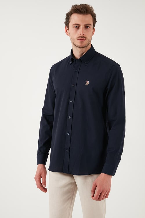 U.S. Polo % 100 Pamuk Regular Fit Düğmeli Yaka Logolu Erkek Gömlek G081GL0042084002 LACİVERT